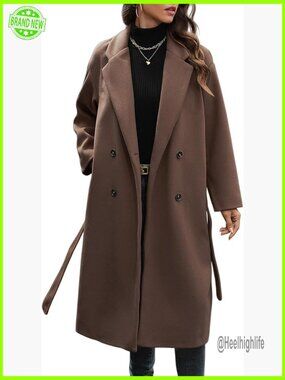 Double Breasted Wool Coat Oversized Trench Overcoat Long Sleeve Winter